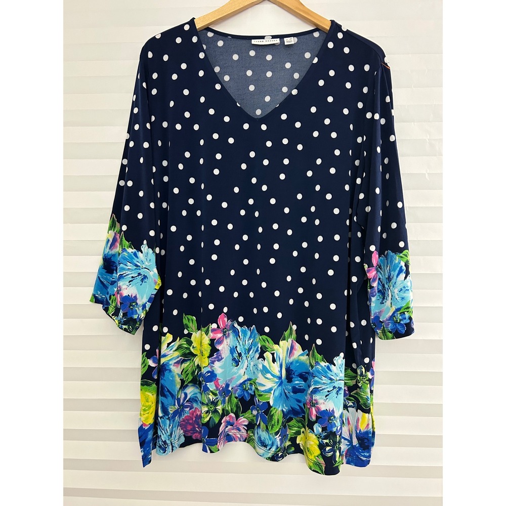 Susan Graver Navy Polka Dot Floral Border Liquid Knit V-Neck Tunic Top 3X Travel